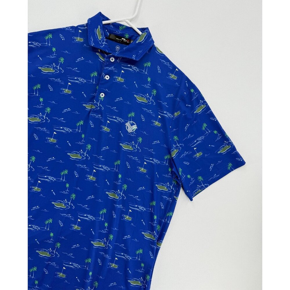 RLX Ralph Lauren Polo Shirt Mens M Blue Shank Attack Golf AOP Tropical Island